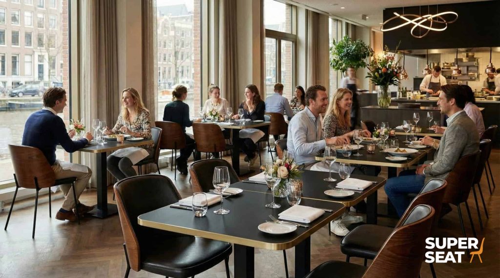 Het pand ingericht als sfeervol restaurant met meubels van Super Seat